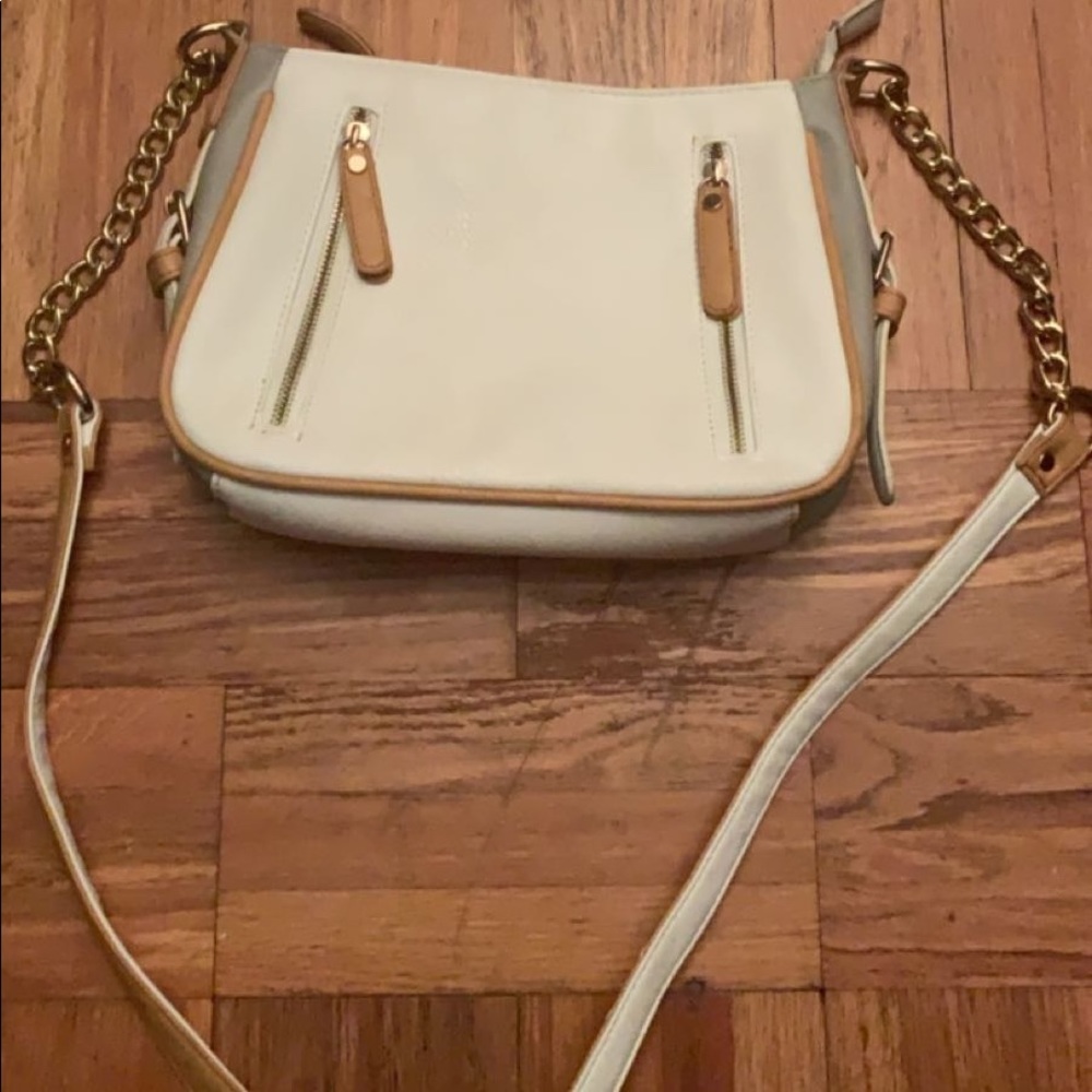 Unsure of brand, white, gray and beige purse